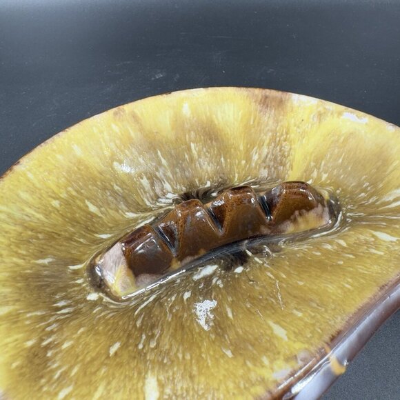 Vintage Mid Century Ceramic RedWare Pottery Ashtray Dish Brown Yellow Drip Glaze - Picture 5 of 13